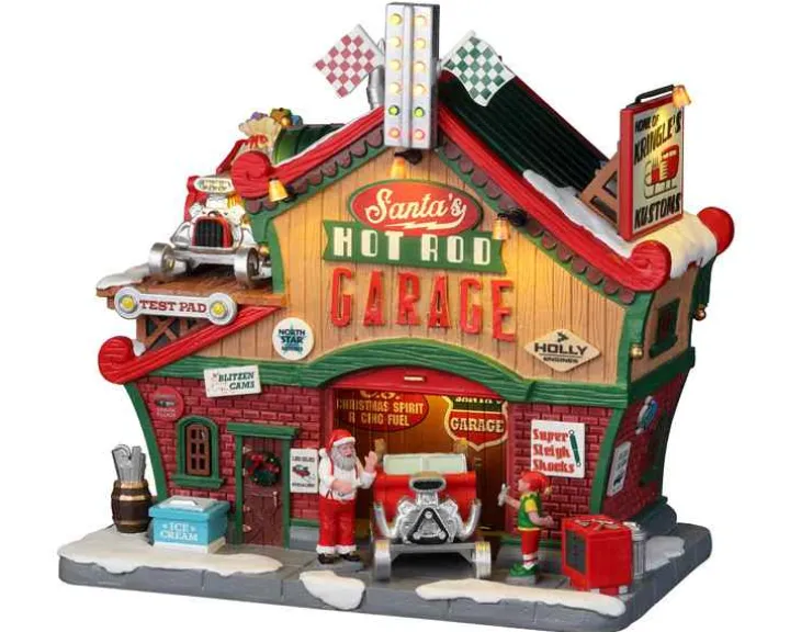 25863 - Santa's Hot Rod Garage, With 4.5-Volt Adaptor - Lemax Santa's Wonderland Christmas Village Houses & Buildings